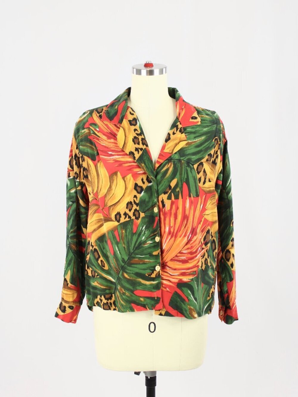 Vintage 00's Unbranded Monstera Leopard Floral Print Washed Silk Blouse, Size S